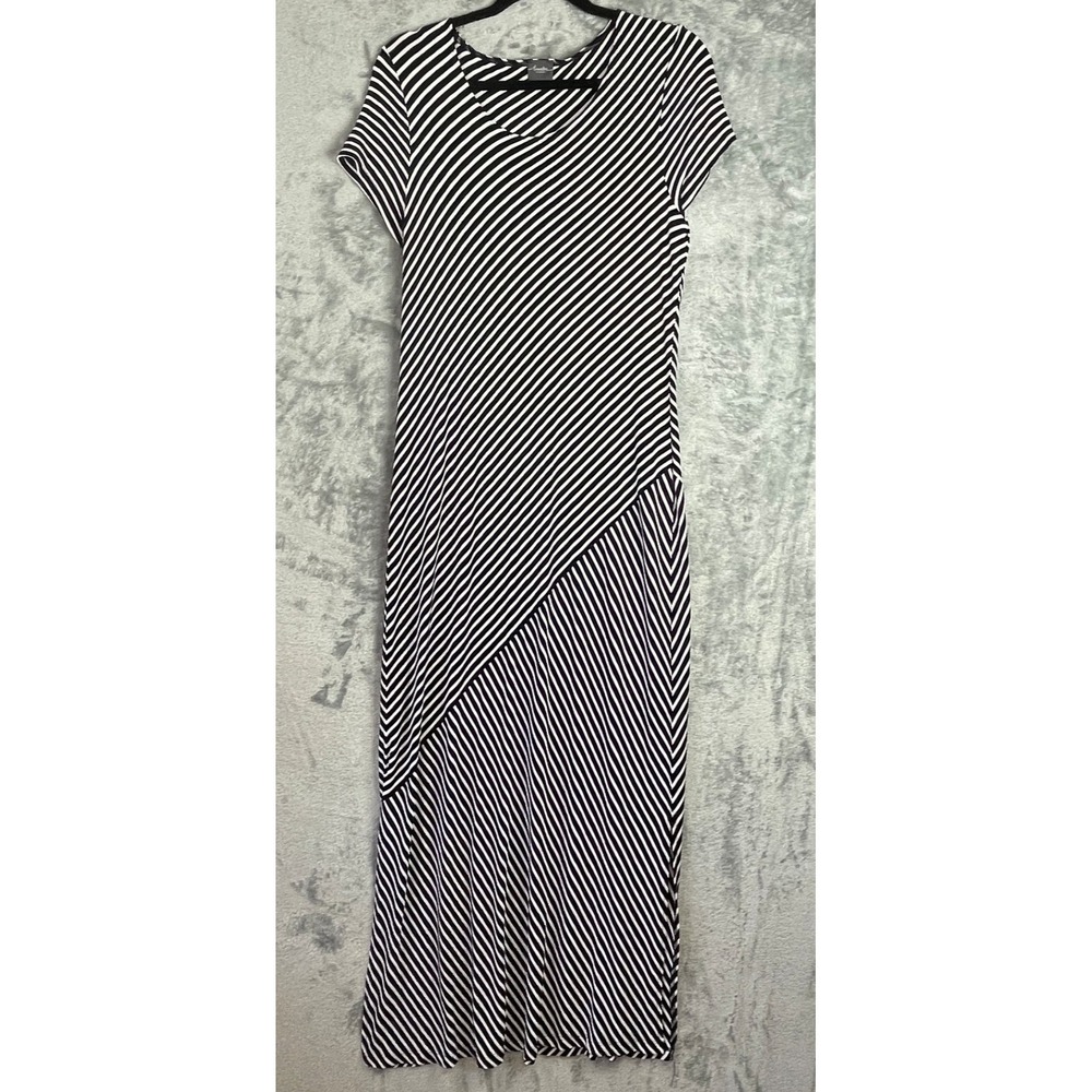 Chico's Travelers Maxi Dress Womens Large Black White Striped Slinky Nautical